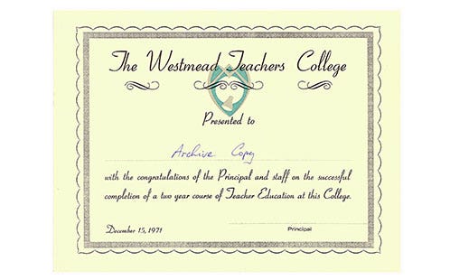 Testamur from Westmead Teachers College, 1971 (Ref: AI-2609)