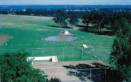 P6114 View from Main House facing west overlooking the dairy, swimming pool, tennis courts and dam 1961
