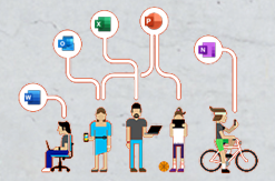 Illustration of people using Word, Outlook, Excel, Powerpoint and OneNote on various devices.