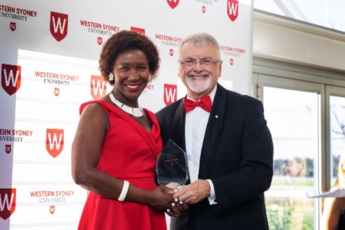 Hawkesbury Alumni Award winner, Gloria Tabi, pictured with Chancellor Professor Peter Shergold AC.