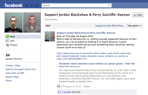 A screenshot of the Facebook page: 'Support Jordan Blackshaw and Perry Sutcliffe-Keenan'.