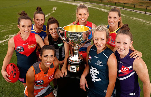 Players from the inaugural AFLW season  with cup and ball.