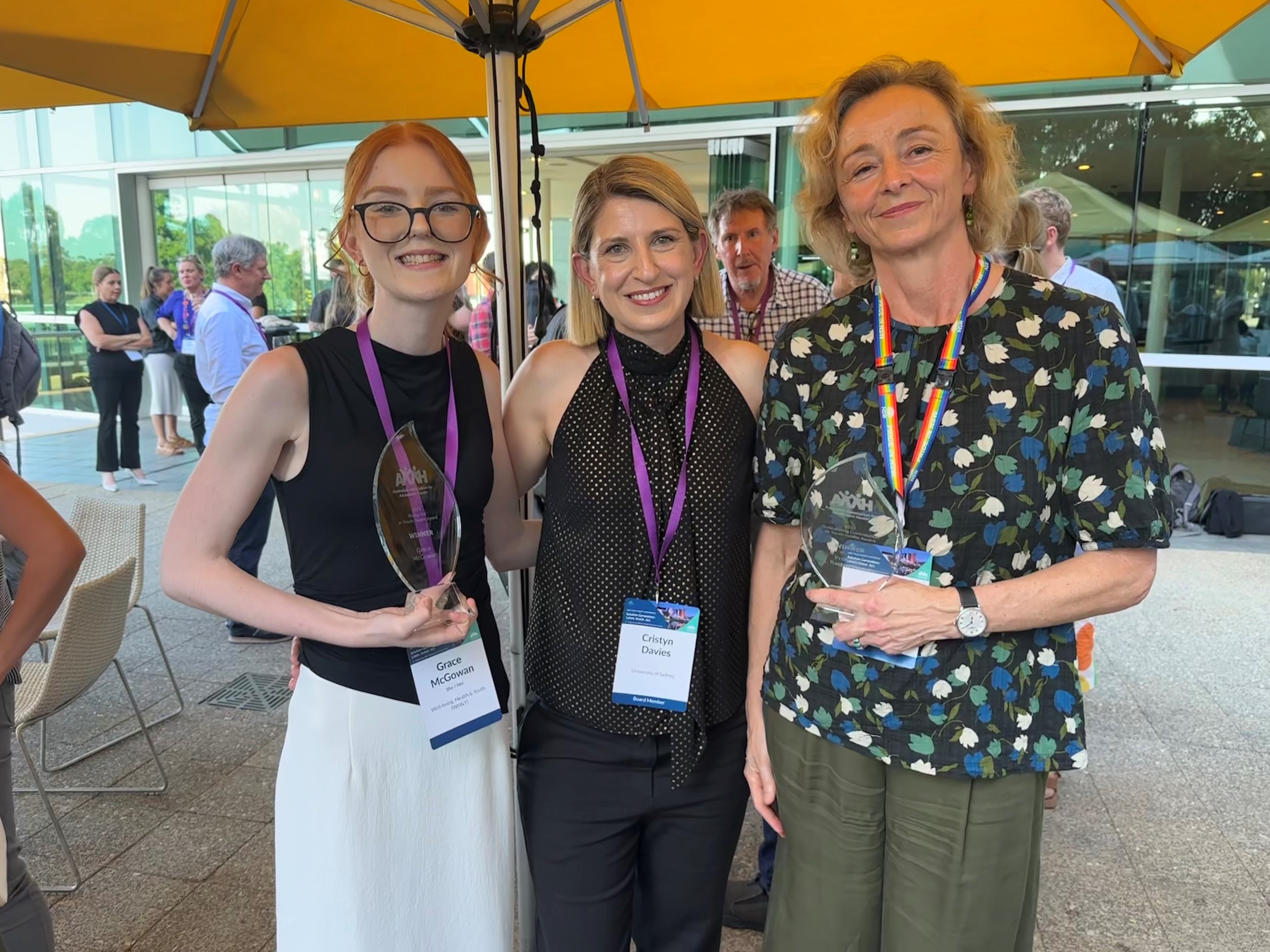From left to right: 2023 Rising Star Grace McGowan, AAAH President Dr Cristyn Davies and 2023 Outstanding Contributor to Youth Health Prof Rachel Skinner.