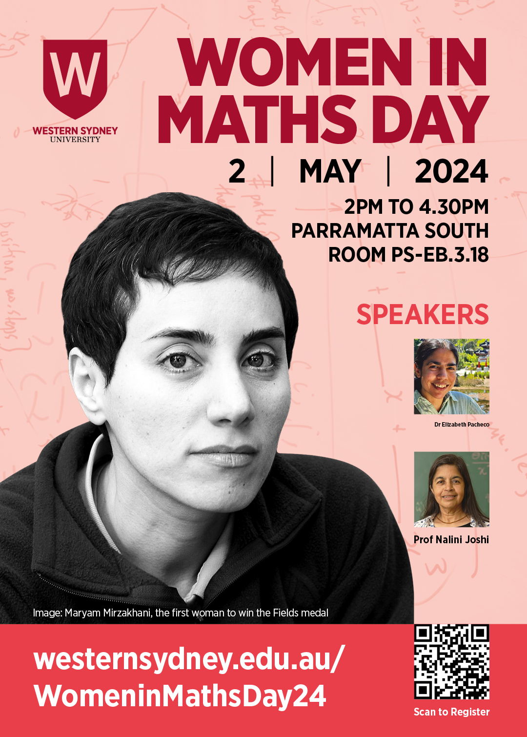 Date: 2 May 2024, Time: 2pm - 4pm AEST, Location: Western Sydney University Parramatta Campus, Room PS-EB.3.18, Zoom: TBA, Speakers for this year are Dr Elizabeth Pacheco (Western Sydney Uni) and Professor Nalini Joshi (Sydney Uni)