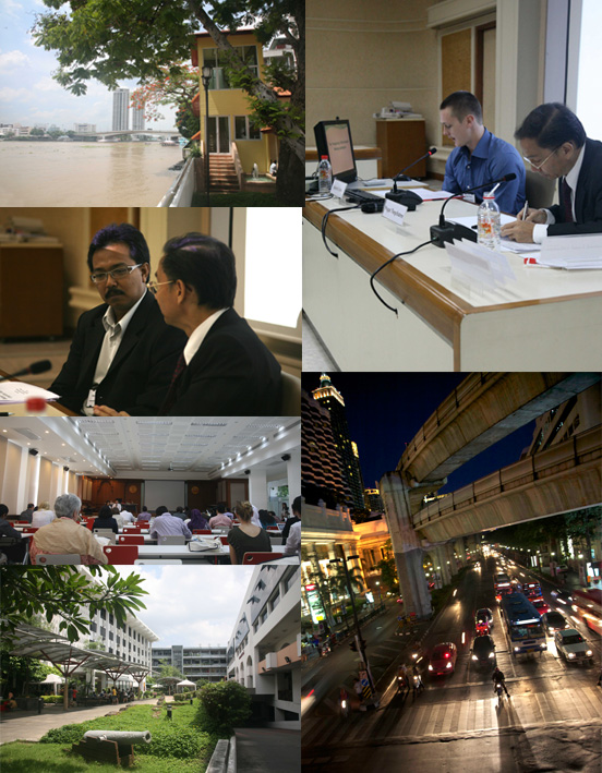 A collection of six images of Kearrin's visit to Bangkok showing him presenting, a house by the river, and the city at night.