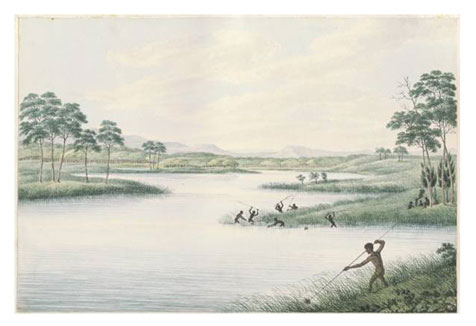Aborigines hunting waterbirds in the rushes