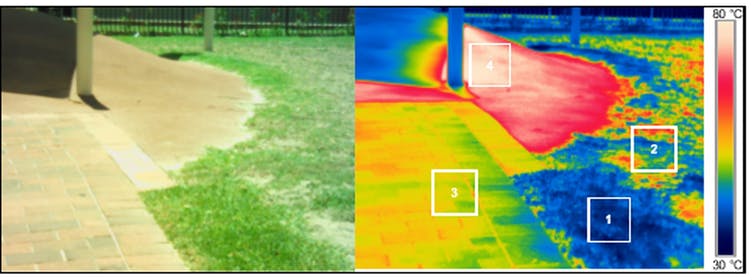 An image of concrete and grass and a heat map of the varying surface temperatures