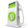 A white pump of alternative fuel with a green leaf symbol on it symbolizing earth friendliness