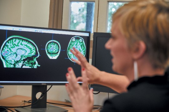Researcher looking at brain images