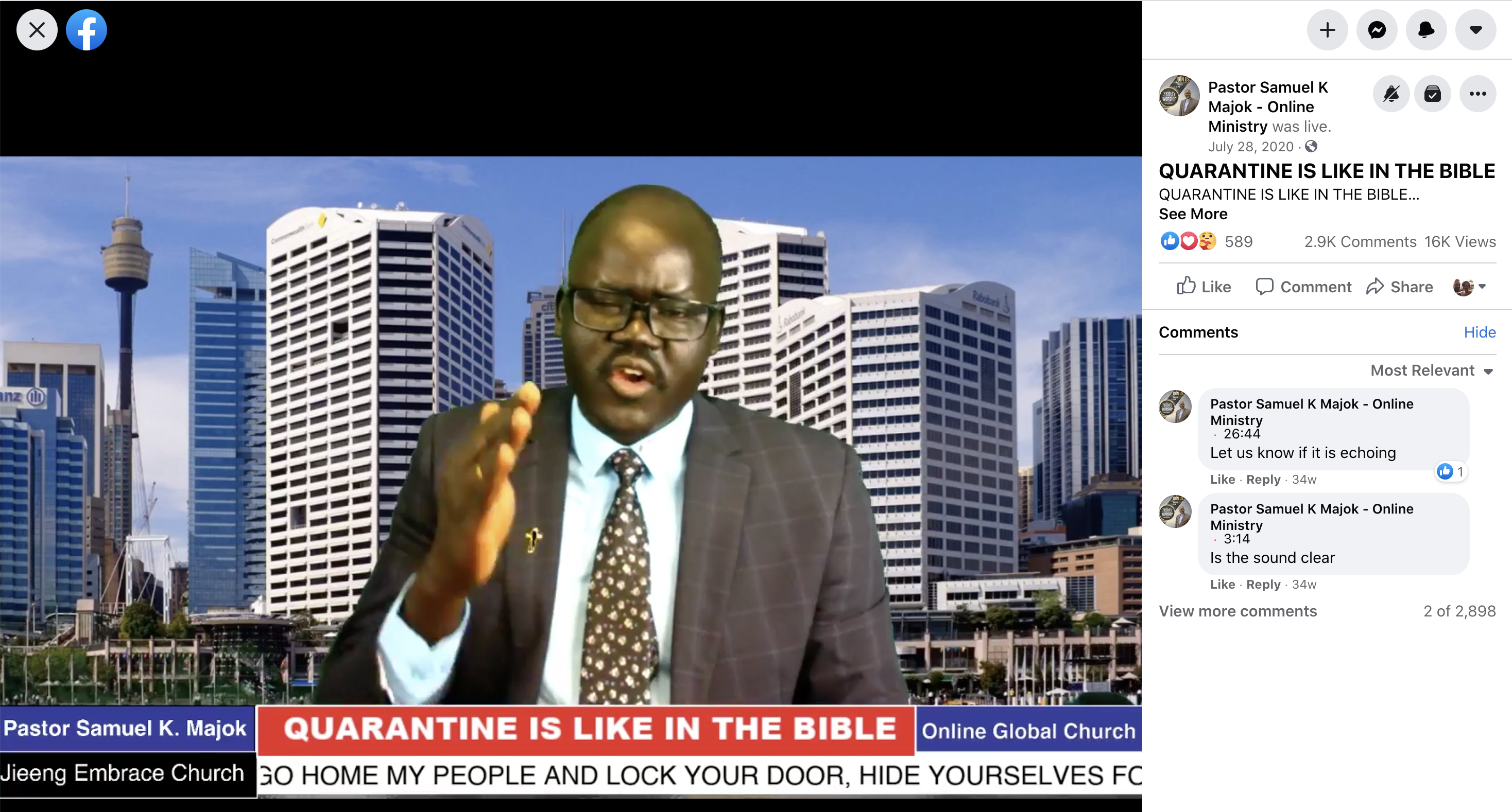 “Quarantine is like in the Bible”, Pastor Samuel Majok