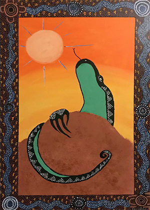 A painting of a green reptile leaning on a rock with a sun and orange sky behind it. This image is surrounded by a patterned border.