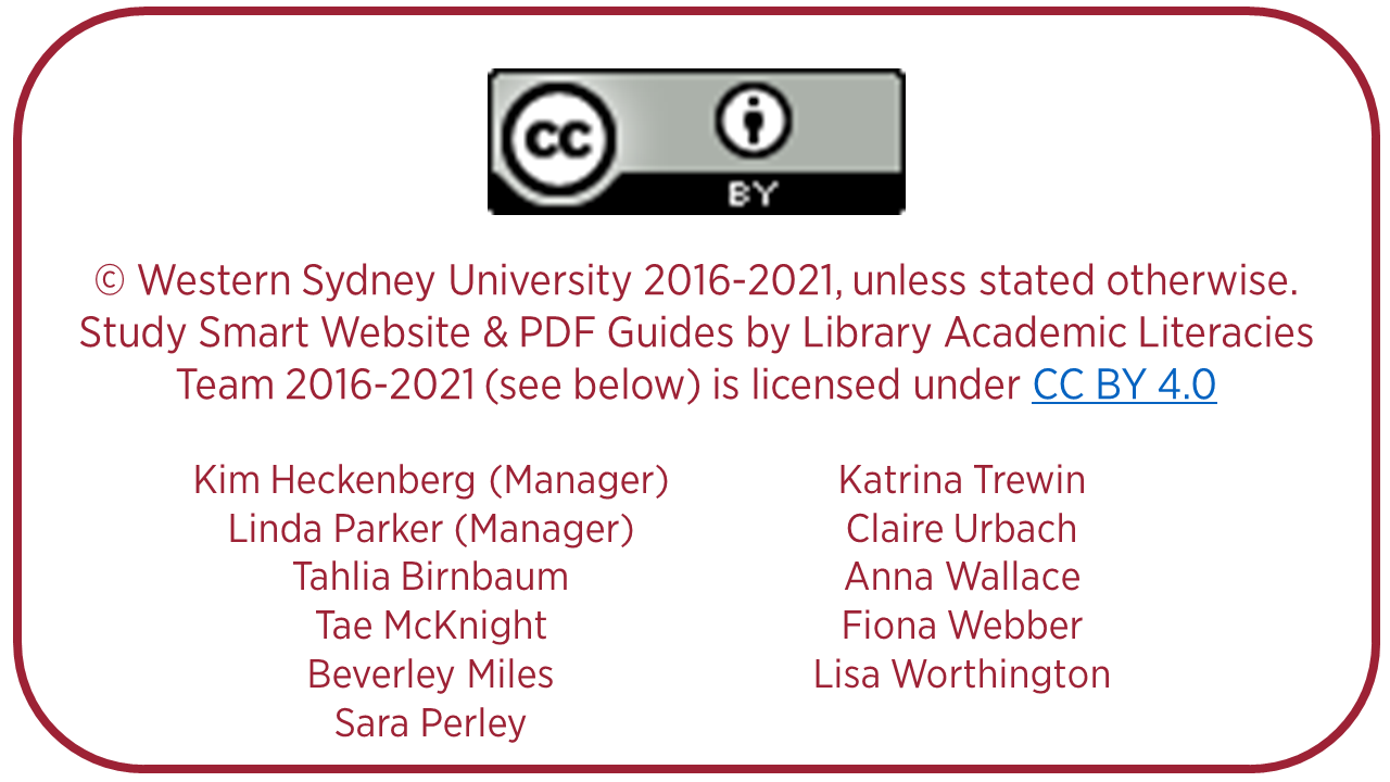 Copyright Western Sydney University 2016-2021, unless stated otherwise. Study Smart Website & PDF Guides by Library Academic Literacies Team 2016-2021 is licensed under CC BY 4.0  Kim Heckenberg (Manager) Linda Parker (Manager) Tahlia Birnbaum Tae McKnight Beverley Miles Sara Perley Katrina Trewin Claire Urbach Anna Wallace Fiona Webber Lisa Worthington