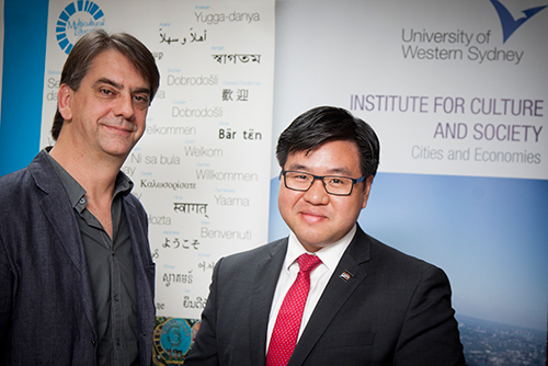 Professor Greg Noble and Tim Soutphommasane, Race Discrimination Commissioner, at the Rethinking Multicultural Education: Research, Policy, Practice Conference