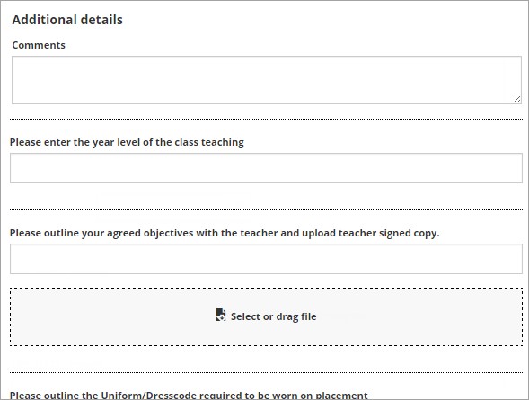Additional Details section of Self Placement form