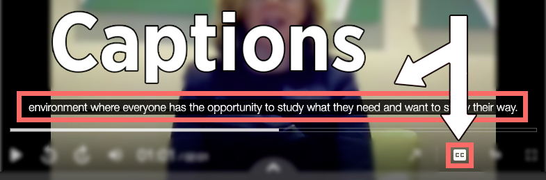 Closed Captions enabled on video. Caption text reads 'environment where everyone has the opportunity to study what they need and want to study their way'.
