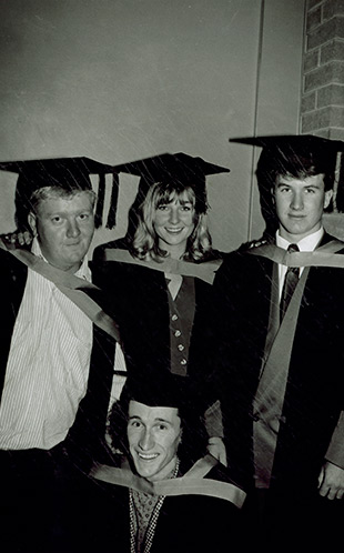 Graduation Ceremony - Bachelor of Arts (Theatre) [University of Western Sydney - Nepean (UWSN)] 1992. Left to right: Steven Rodgers, Catherine O'Brien and Andrew Marshall, front kneeling David Collins (David is well known half of performers known as the 'Umbilical Brothers') (P2378)
