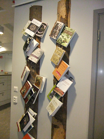 Two long pieces of wood vertically on a wall with books hanging off them.