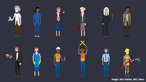 An illustration of 12 people in different occupations.
