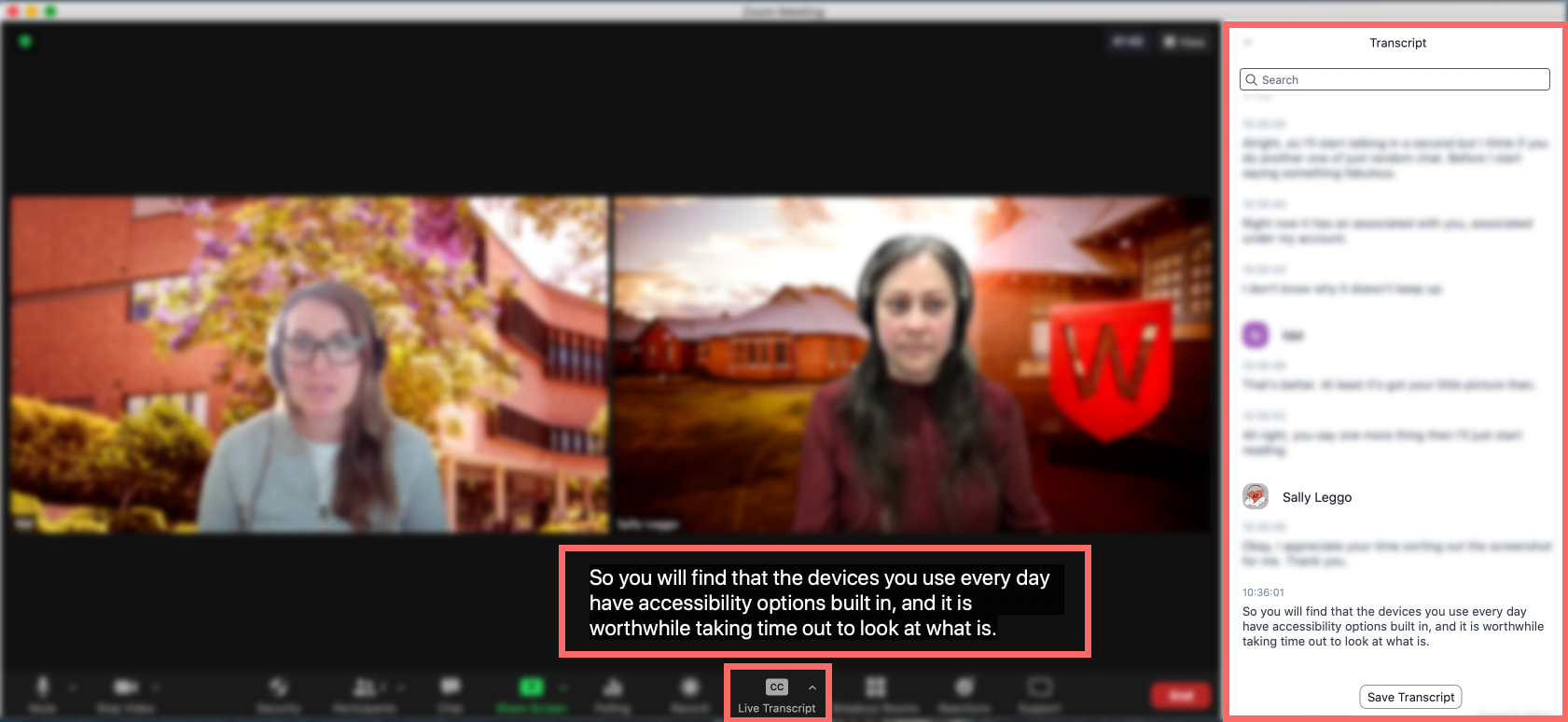 Zoom live captions and transcript preview showing subtitles across the bottom of the screen beneath the speakers and transcript with speaker name identified pinned to the right-hand side.