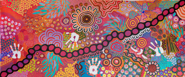 colourful painting in the Australian Indigenous art style