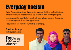 faces of three people from diverse backgrounds with text advertising the 7 day everyday racism challenge 