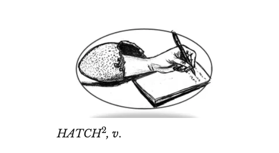 The Hatch Logo. It is a cartoon black and white drawing of a hand writing on a sheet of paper with a pen. 