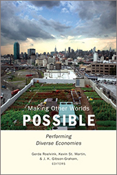 The cover of Making Other Worlds Possible which shows a rectangular garden area in the middle of a city with skyscrapers in the distance.