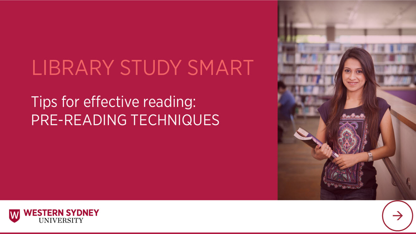 Library Study Smart Tips for effective reading: Pre-reading. Female student in library