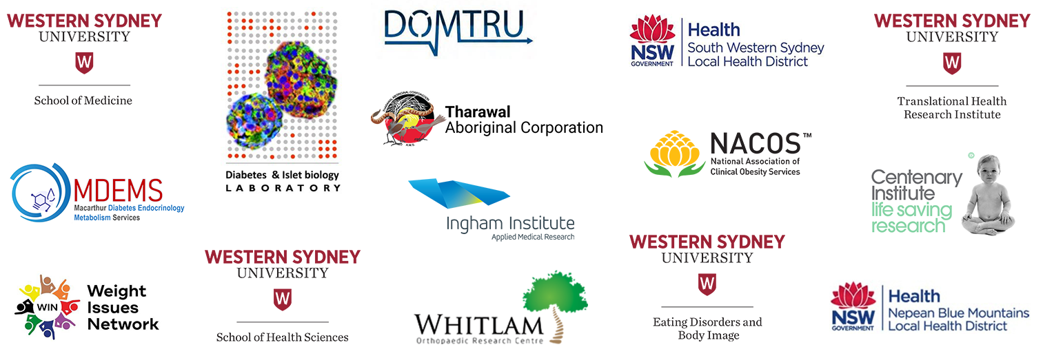 MCORP collaborators: Western Sydney University (DOMTRU, School of Medicine, School of Science and Health, Eating Disorders and Body Image (EDBI), Translational Health Research Institute, Diabetes & Islet biology Laboratory), SWSLHD, Campbelltown & Camden Hospitals, MDEMS, NBMLHD, NACOS, Ingham Institute, Centenary Institute, Weight Issues Network, Tharawal Aboriginal Corporation, Whitlam Orthopaedic Research Centre.