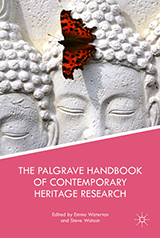 The cover of the Palgrave Handbook of Contemporary Heritage Research. The bottom of the cover is pink with the title and editors printed in white. The top half shows a photo of the face of a statue - a butterfly sits there.
