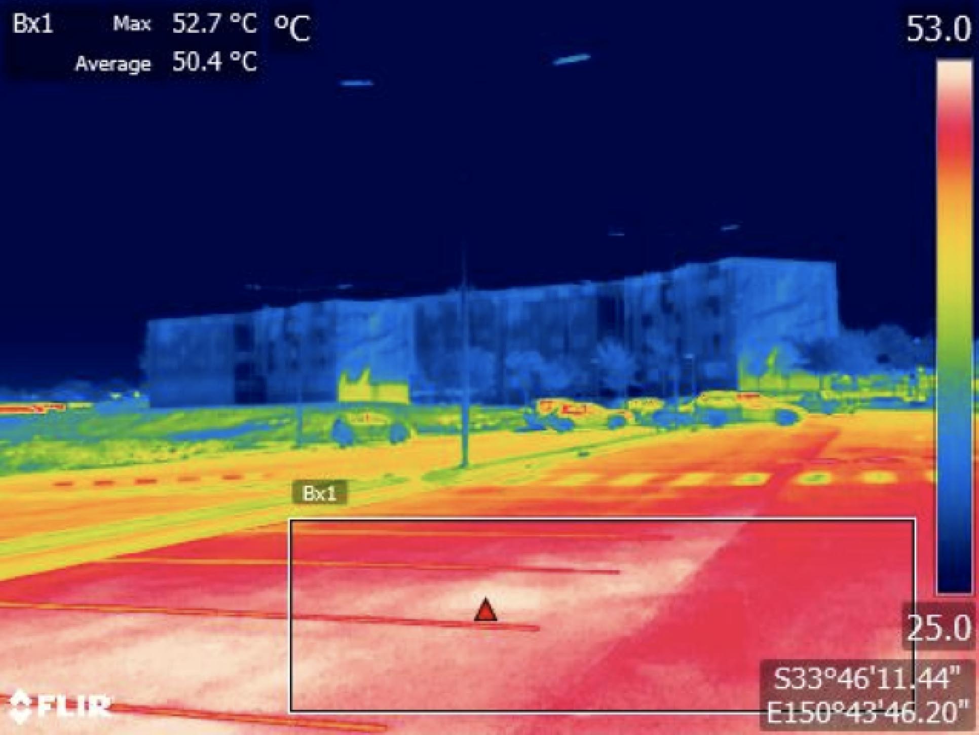 Surface temperature at a carpark on Kingswood campus. The infrared image was taken on a clear sunny day where air temperature was 30°C. © S. Pfautsch
