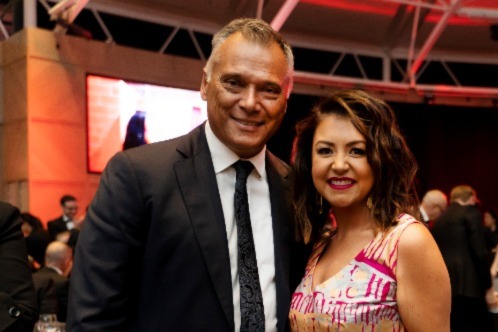 ABC TV presenter, radio host and journalist, Stan Grant, with Dr Dana Slape, a finalist of the Indigenous Alumni Excellence Awards category. Dana is the first Aboriginal Dermatologist and works as a clinical practitioner and researcher. She has been a volunteer for skin screening and treatment in remote communities of the Northern Territory and continues to provide dermatology services for prisoners throughout NSW. 
