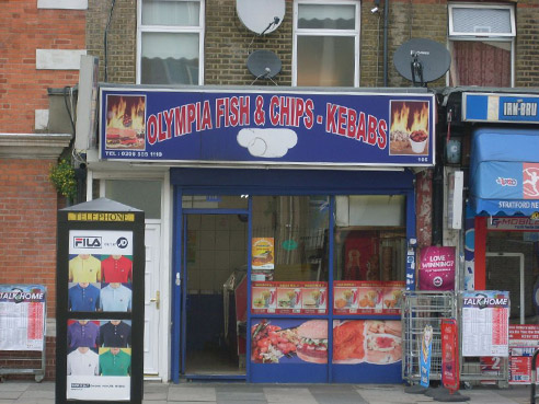 A shop called 'Olympia fish & chips. Kebabs'.