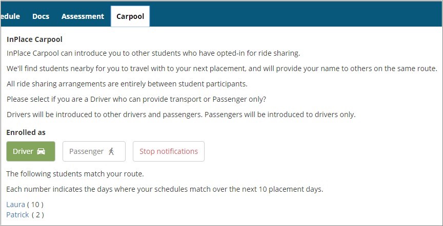 confirmed placement - carpool tab
