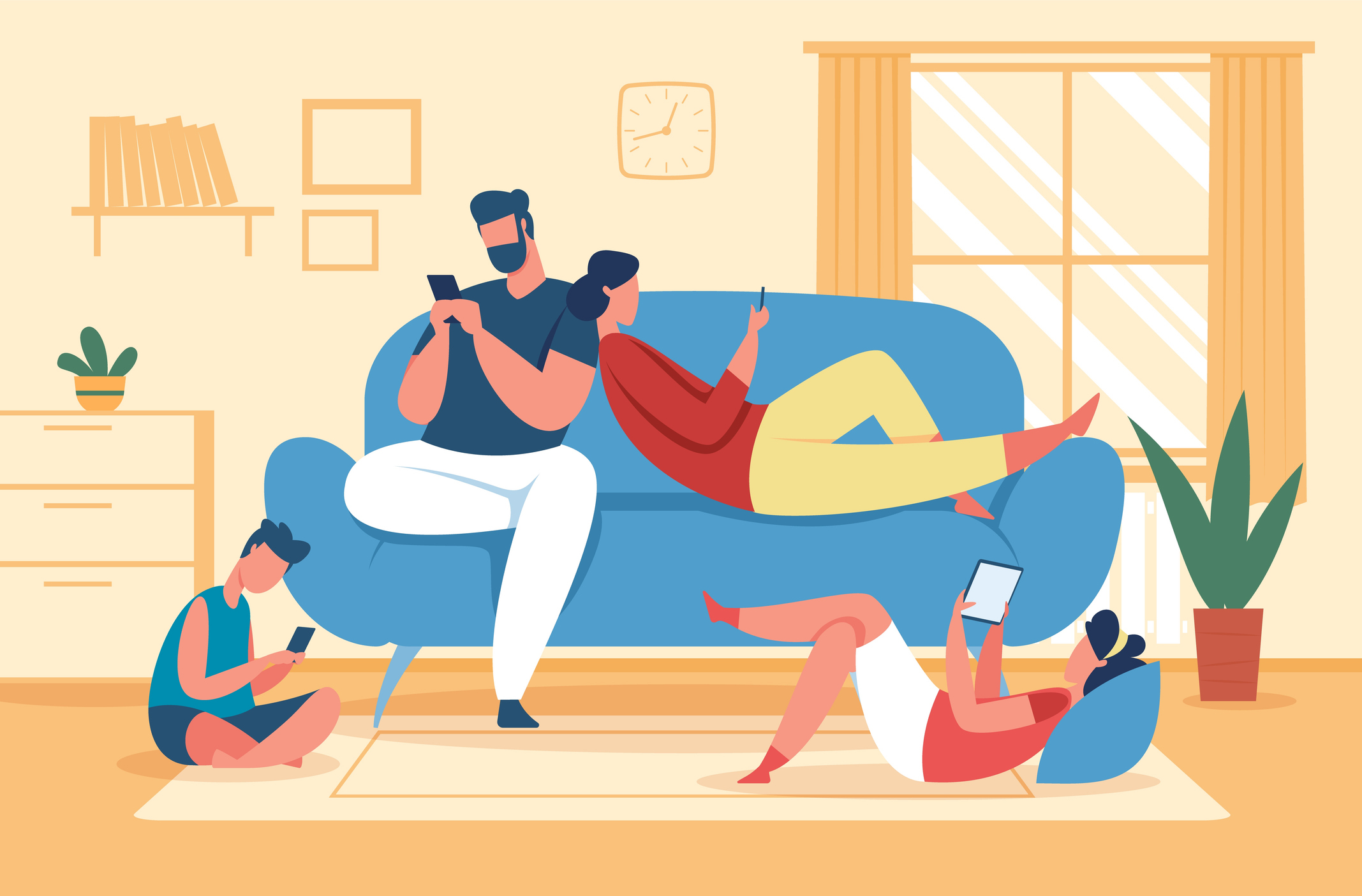 Drawing of a four person family all using social media separately Drawing of a four person family all using social media separately