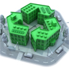 3d illustration of a stylized office building in the shape of a green recycling symbol, representing sustainable architecture, low energy building or recycled construction materials