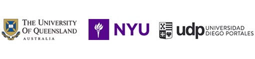 Colour UQ logo featuring a shield and scroll and the words 'The University of Queensland' and 'Australia'. Colour New York University logo featuring a torch and the acronym 'NYU'. Black and white UDP logo featuring a shield and the words 'UDP' and 'Universidad Diego Portales'.