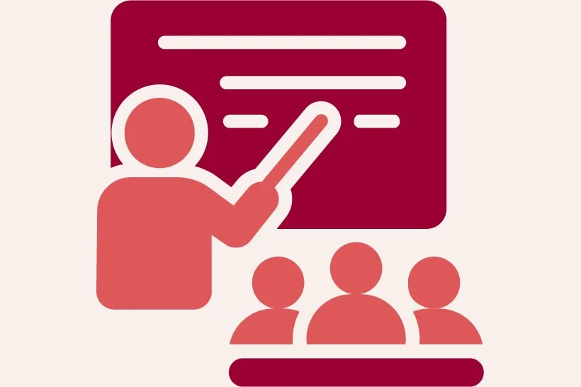 Teacher standing in front of board with class of students icon