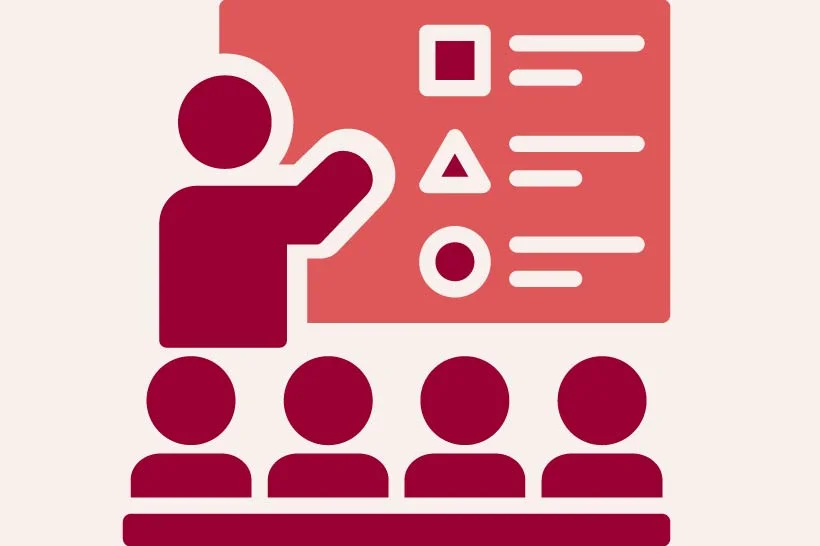 Teacher in front of board with students in classroom icon