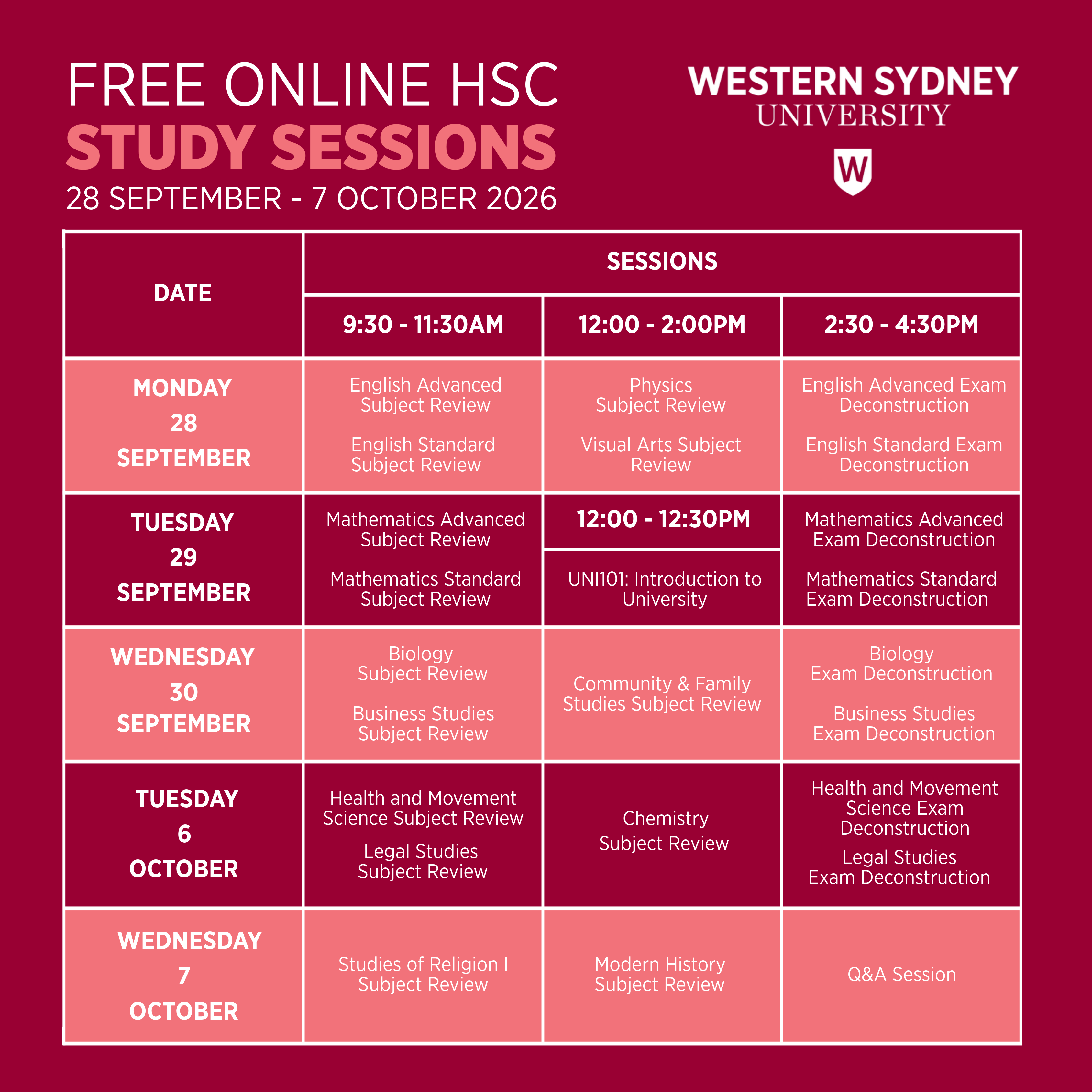 Free HSC Study Sessions | Western Sydney University