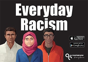 three people of diverse backgrounds in front of the Everyday Racism text