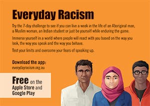 faces of three people from diverse backgrounds with text advertising the 7 day everyday racism challenge