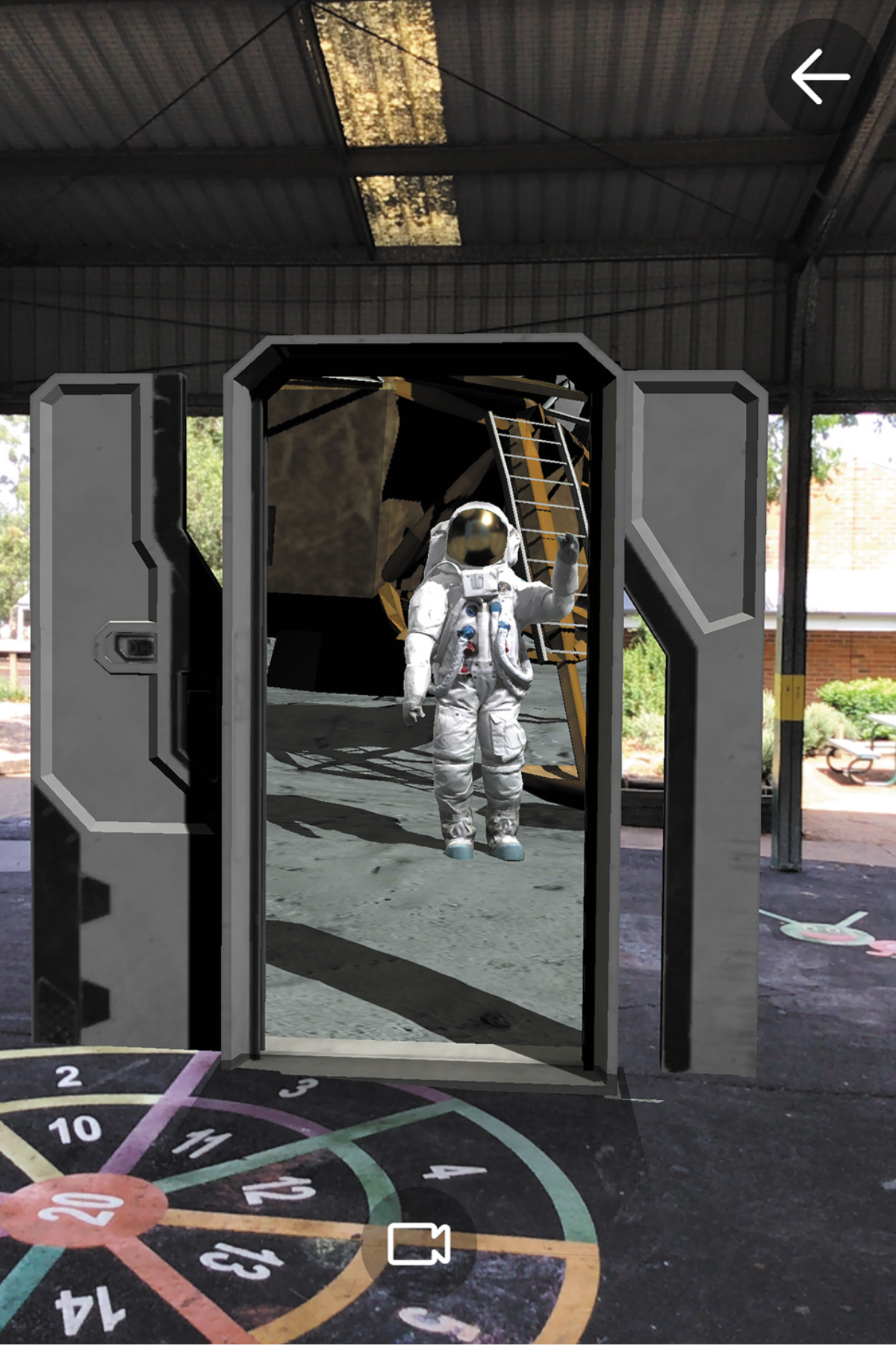 Entering outer space through a virtual door on an augmented reality moon. 