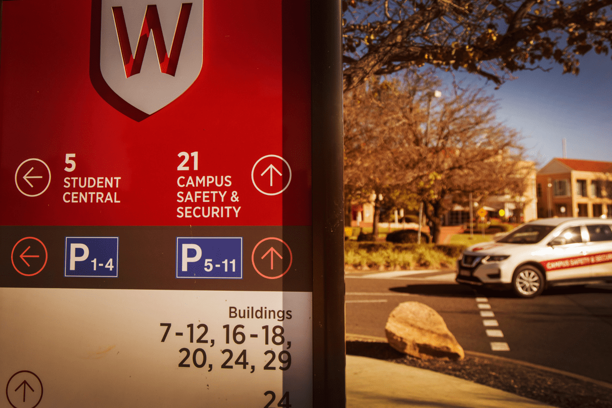 A campus sign with directions to Campus Safety & Security