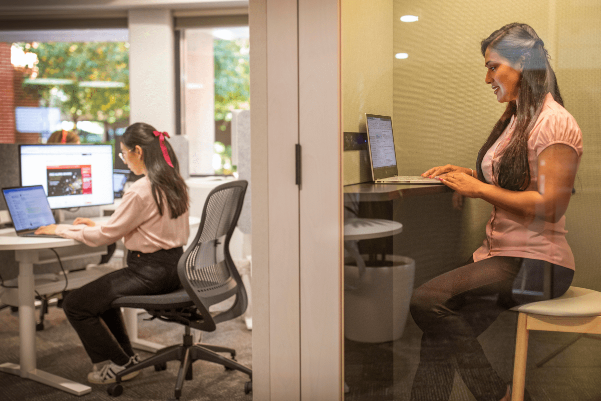 Two women are seen working at their desks