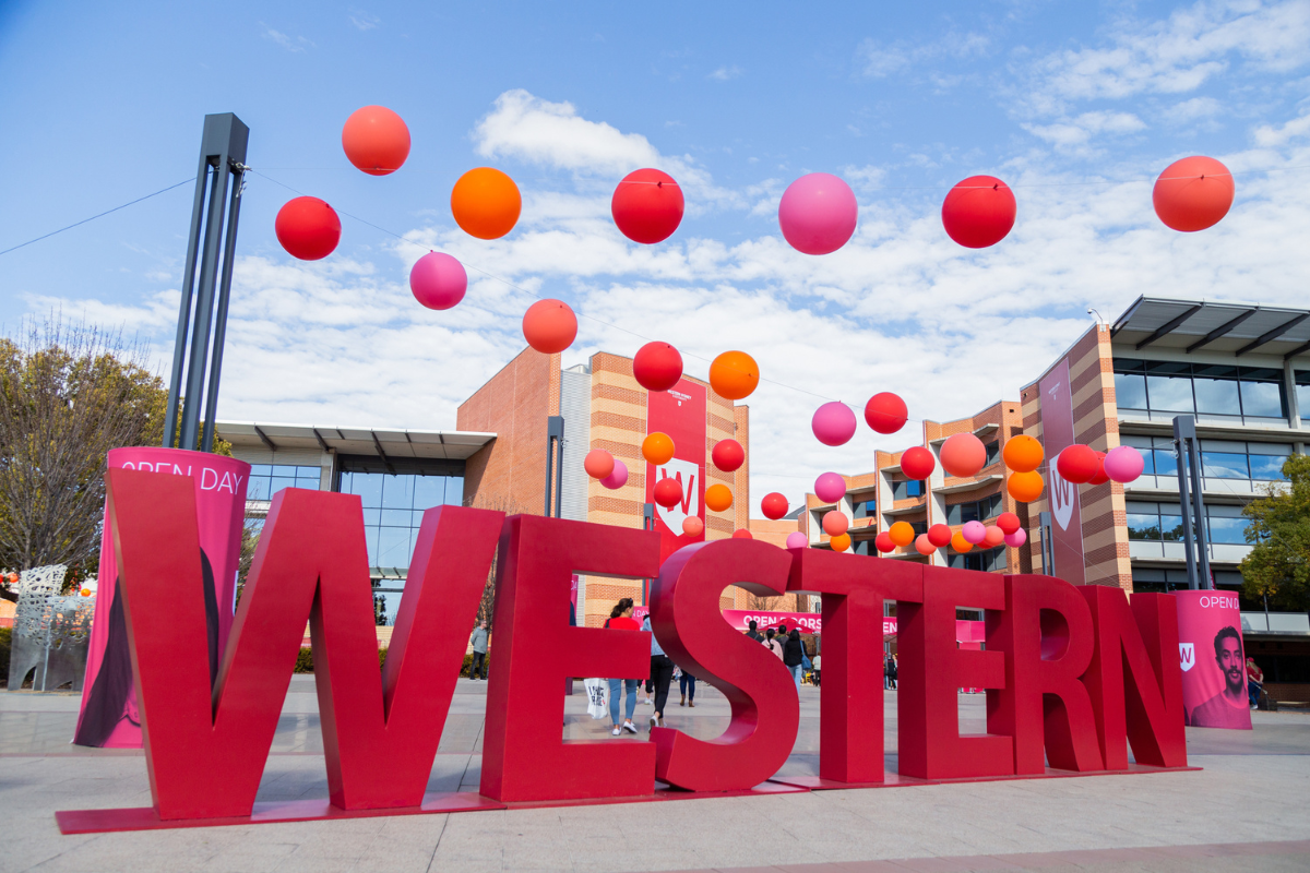 A large 'Western' sign with red, orange and pink balloons above it
