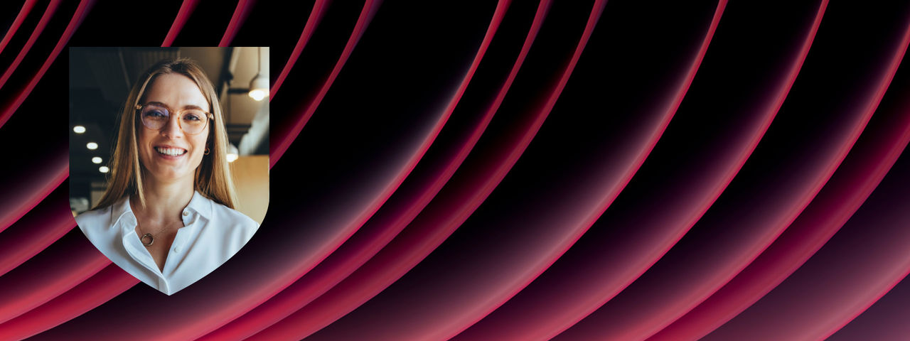 Female student on abstract red waves