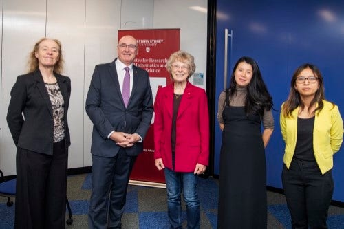 associate professor Leanne Rylands, Vice Chancellor Barney Glover, speakers: Cheryl Praeger, Susan Wei, Natalie Thamwattana