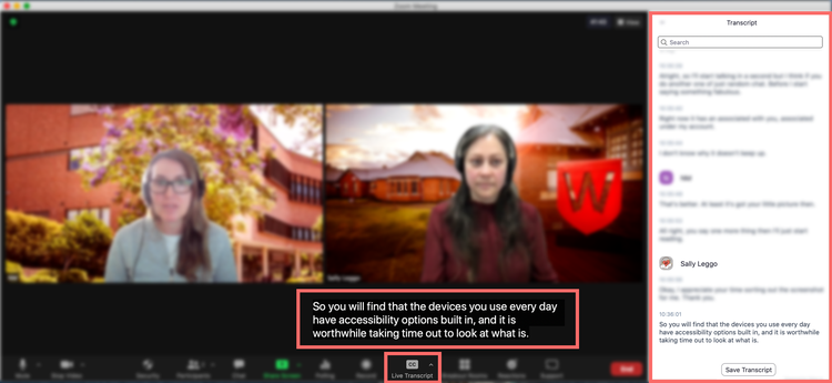 Zoom live captions and transcript preview showing subtitles across the bottom of the screen beneath the speakers and transcript with speaker name identified pinned to the right-hand side.
