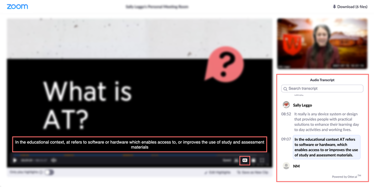 Zoom Cloud transcription playback view